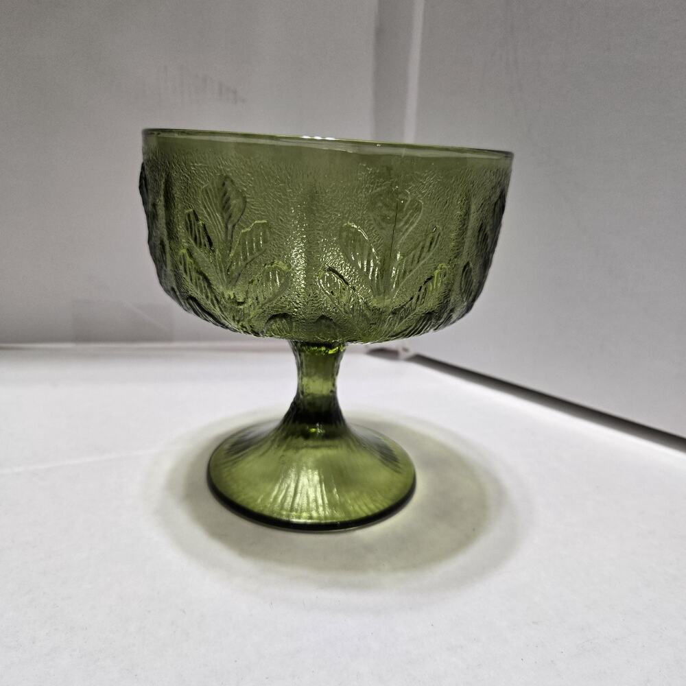 Vintage FTD Green Glass Pedestal Compote Bowl Oak Leaf Candy Dish 1970s Retro
